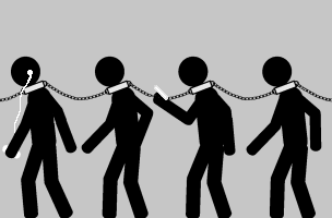 4 stick people chained together looking at mobile devices