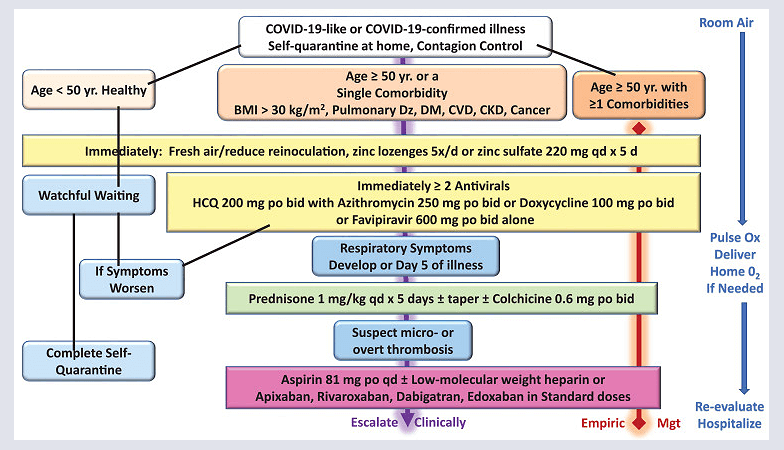 Treatment algorithm for COVID-19 illness in ambulatory patients at home in self-quarantine.